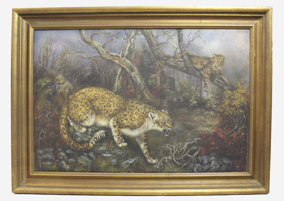 Leopards 20th c. Oil on Canvas Set in Gilt Frame