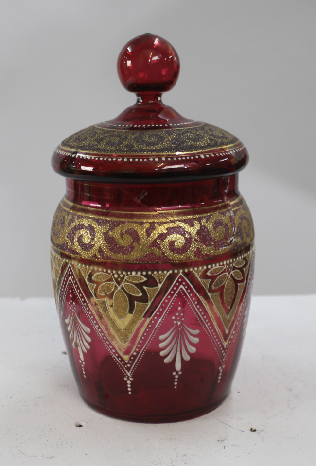 Gilded Venetian Cranberry Glass Lidded Jar