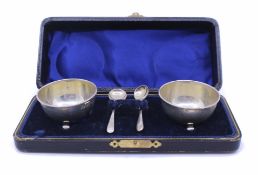 Early 20th c. Cased Solid Silver Salt Pots & Spoons