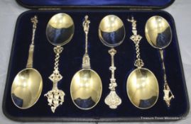 Cased Set of Six Silver Gilt Apostle Serving Spoons 1895