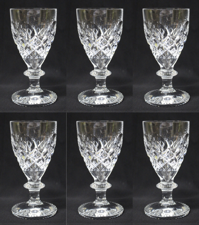 Set of 6 Heavy Cut Glass English Wine Glasses