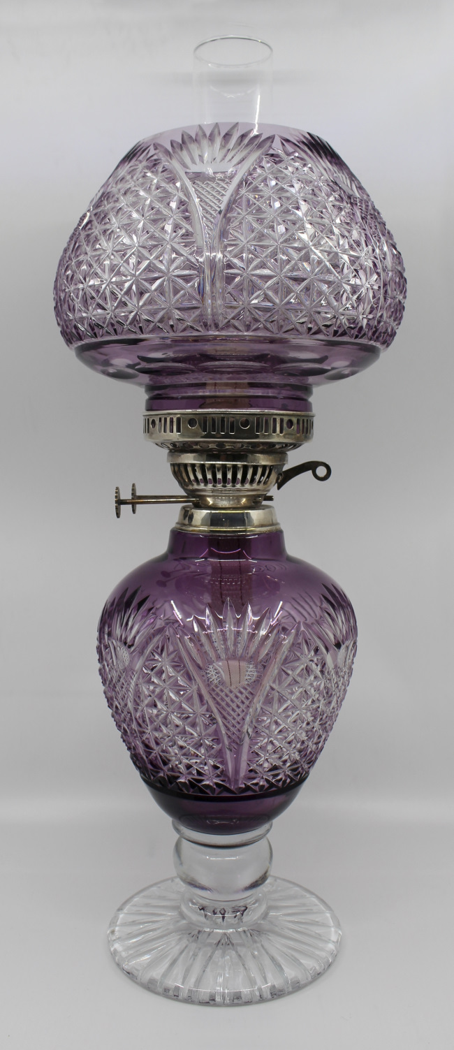 Very Fine English Cut Glass Amethyst Overlay Crystal Oil Lamp