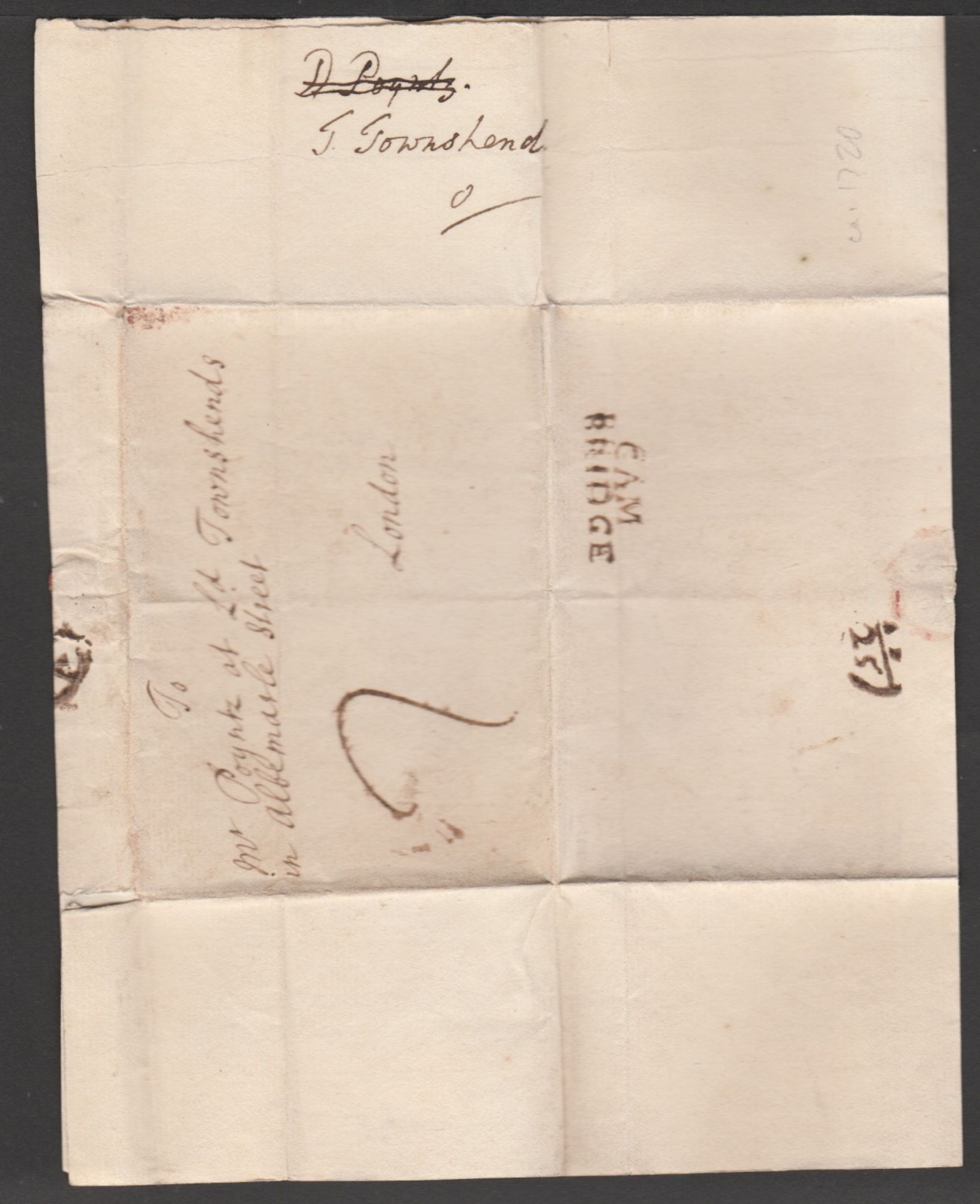 Great Britain - Bishop Marks c.1720 Entire letter from Cambridge to London handstamped ""CAM/BRIDGE" - Image 4 of 4