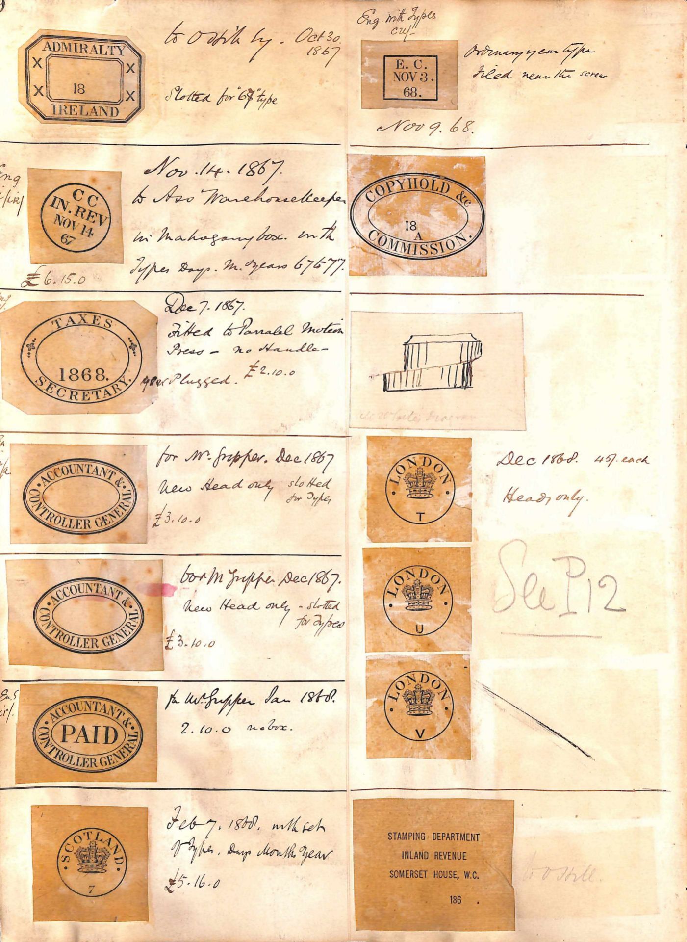 G.B. - Miscellaneous 1867-70 Proof impressions of 29 Inland Revenue and related handstamps, struck o - Image 2 of 3
