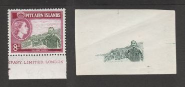 Pitcairn Island 1957 8d Vignette Die Proof (two horizontal creases) printed in deep green on gummed