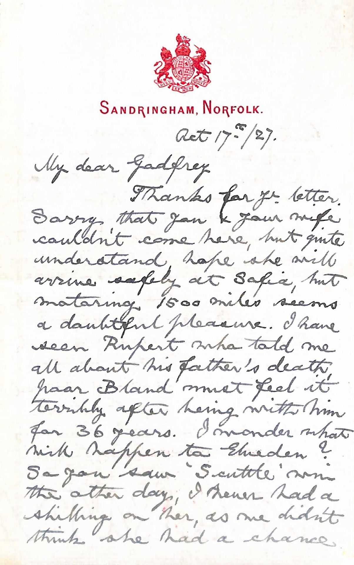 H.M. King George V writing to Sir Bryan Godfrey Faussett October 1927