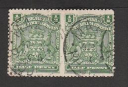 Rhodesia 1898 1/2d Green horizontal pair, variety imperforate between, fine used, each with a Mazoe