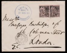 MADAGASCAR 1890 . Cover to London with superb violet ""BRITISH / MAIL / 21 NOV 90