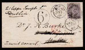 Malta 1869 Cover franked 6d from Dublin to Malta, redirected back to Dublin, a circular framed "6d"