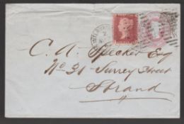 G.B. - Exhibitions 1862 1d pink postal stationery envelope bearing a 1d red cancelled by two strikes