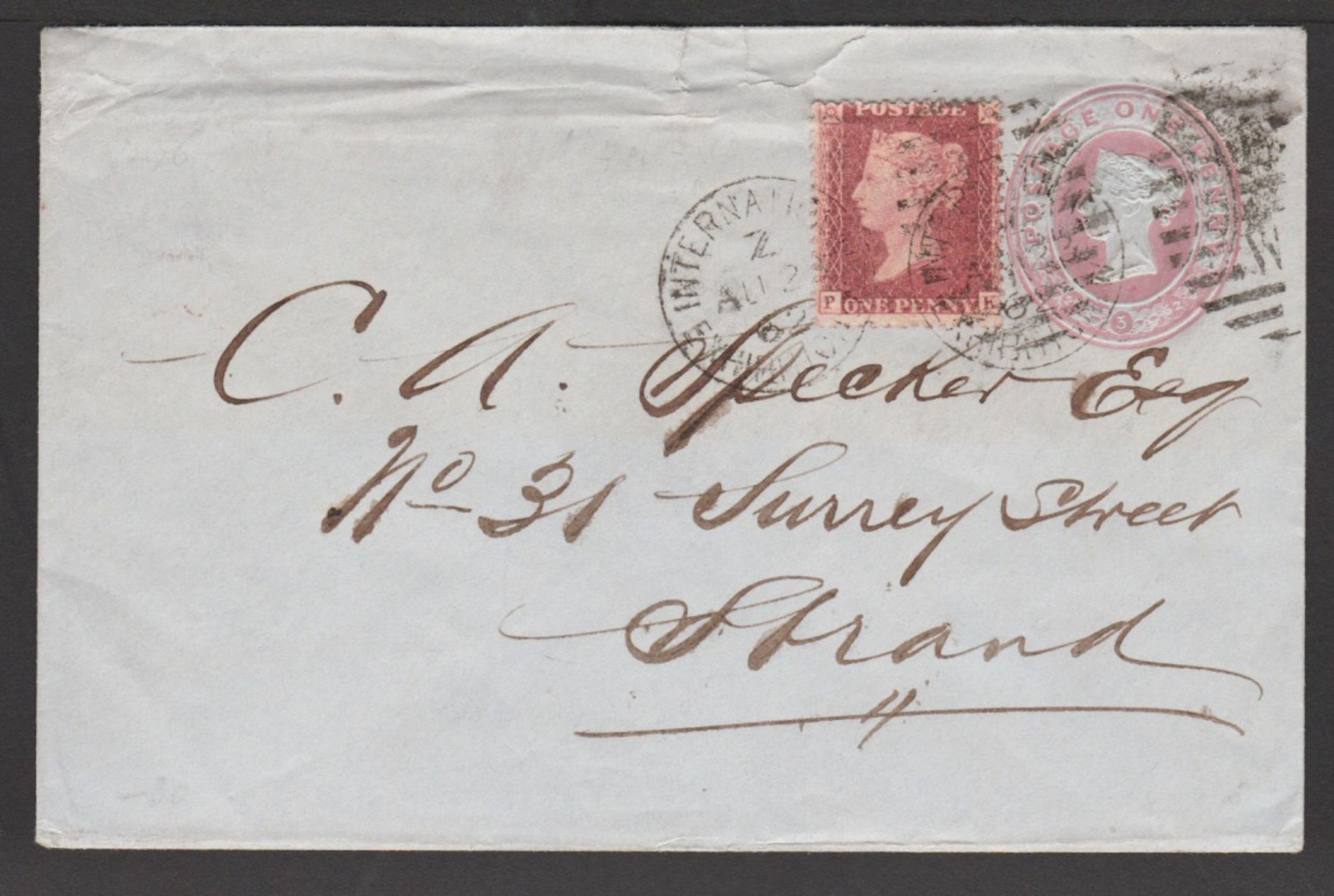 G.B. - Exhibitions 1862 1d pink postal stationery envelope bearing a 1d red cancelled by two strikes