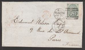 G.B. - Scotland 1865 Entire letter to France bearing 1862-64 1/- cancelled by the distinctive Glasgo