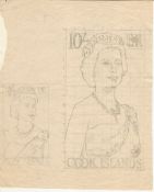 Cook Islands 1963 Superb pencil sketches for a proposed 10 shilling stamp featuring Queen Elizabeth