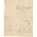 Cook Islands 1963 Superb pencil sketches for a proposed 10 shilling stamp featuring Queen Elizabeth