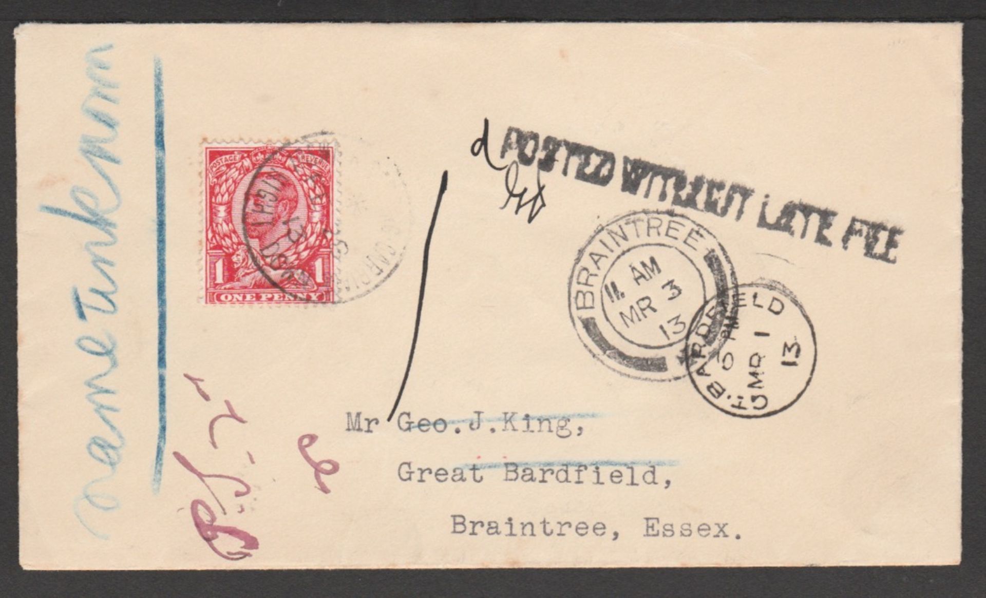 Ipswich Sorting Carriage Night Down 28th February 1913 Cover bearing ""POSTED WITHOUT LATE FEE' and