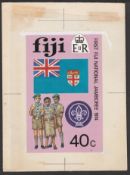 Fiji 1974 Original artwork for First National Scout Jamboree 40c depicting Scouts and flag, with tit