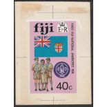 Fiji 1974 Original artwork for First National Scout Jamboree 40c depicting Scouts and flag, with tit