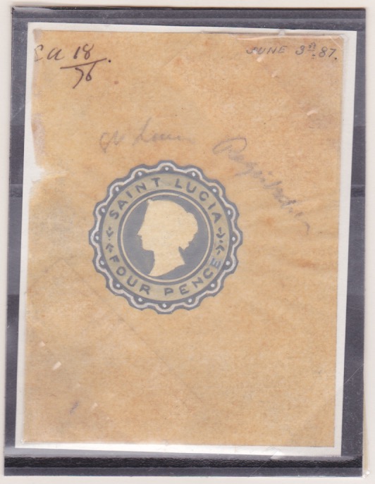 Saint Lucia 1887 De La Rue Postal Stationery hand-painted Artist's ESSAY of a proposed 4d envelope s