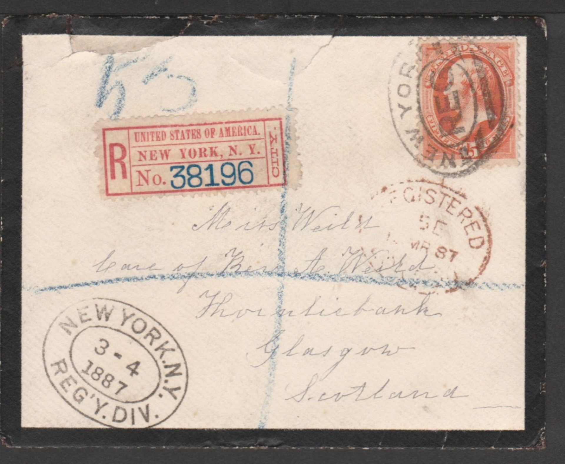 G.B. - Registered / T.P.O's 1887 Registered cover from New York to Glasgow franked 15c, backstamped - Image 2 of 2