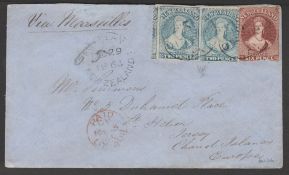 NEW ZEALAND 1864 . Cover to Jersey bearing Chalon head imperf 6d brown and perf. 13 2d