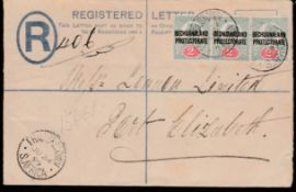 British Bechuanaland 1899 4d Registration Envelope (opened out) to Port Elizabeth franked by 1897 2d