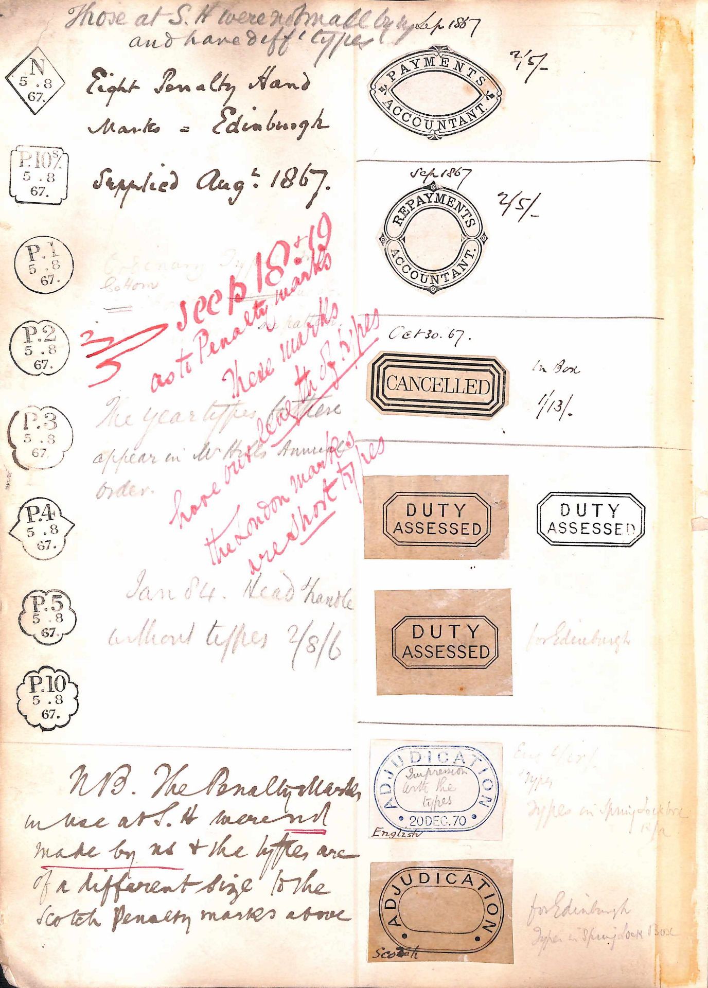 G.B. - Miscellaneous 1867-70 Proof impressions of 29 Inland Revenue and related handstamps, struck o