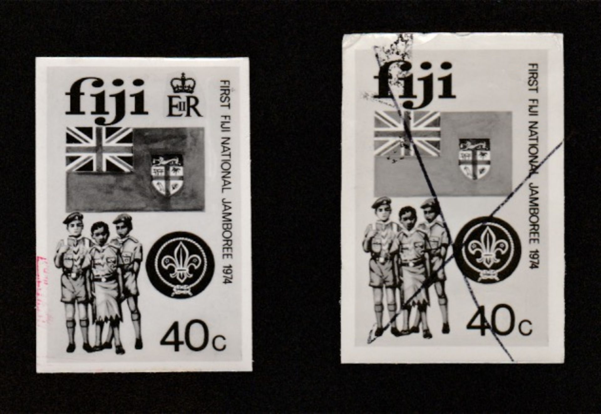 Fiji 1974 Original artwork for First National Scout Jamboree 40c depicting Scouts and flag, with tit - Image 2 of 2