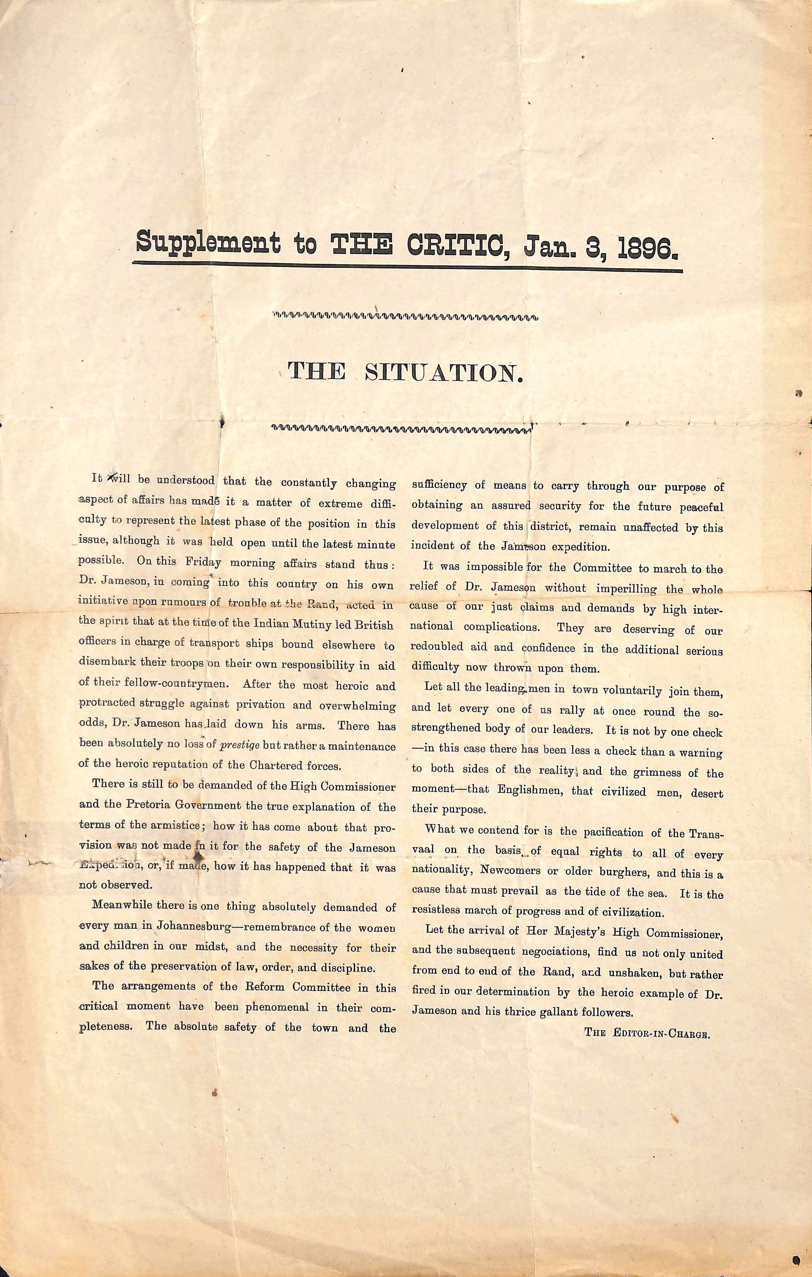 Transvaal - Jameson Rain 1896 Single Sheet Supplement to 'The Critic' for 3 January 1896, reporting