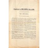 Transvaal - Jameson Rain 1896 Single Sheet Supplement to 'The Critic' for 3 January 1896, reporting