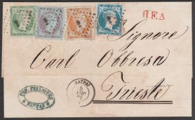 GREECE 1862 Entire (some staining) from Patras to Trieste bearing 1861 Paris Printing 5L, 20L, 40L