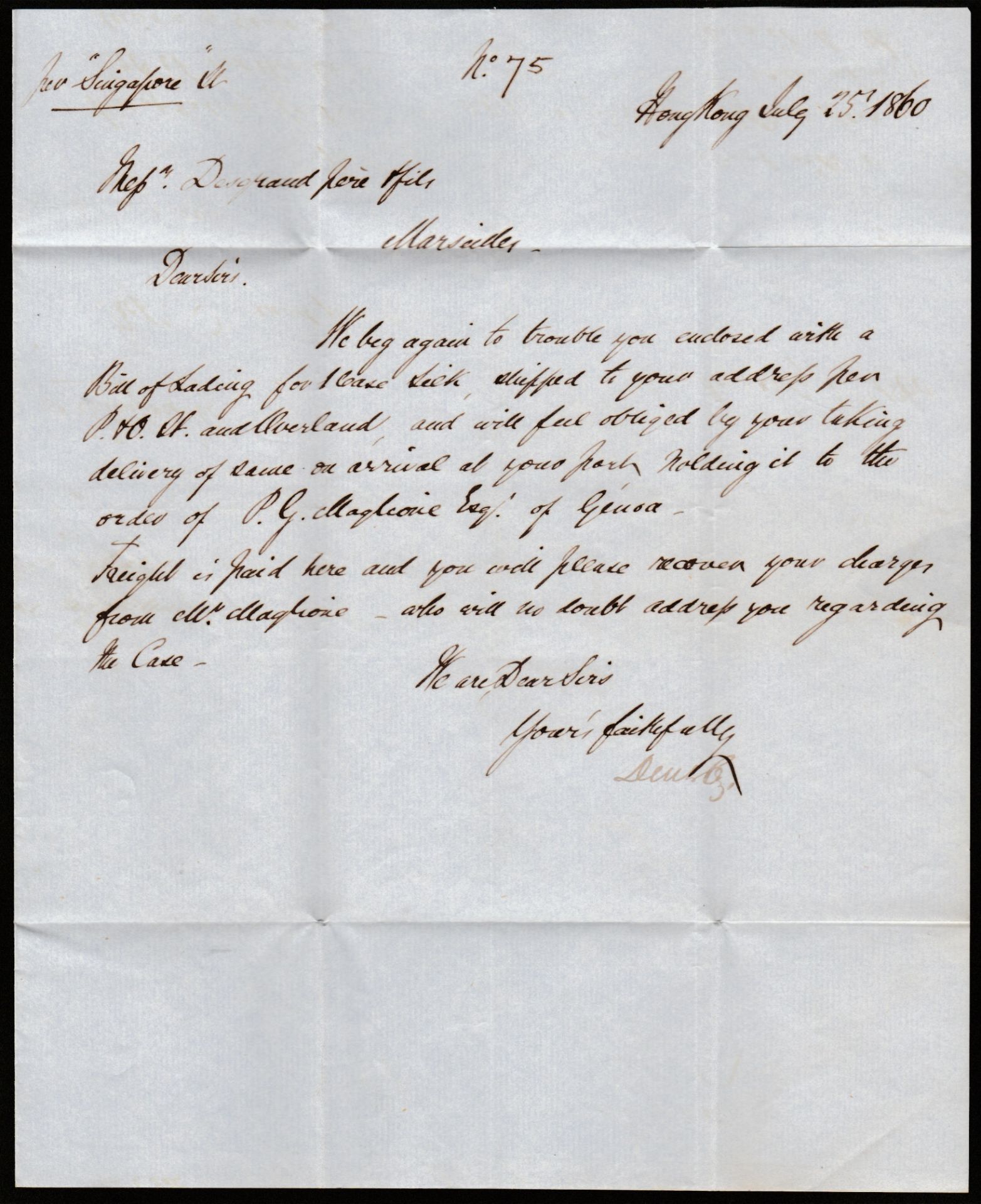 Hong Kong / Malta 1860 Entire letter prepaid 1/- from Hong Kong to Marseille endorsed ""Per Singapor - Image 2 of 3