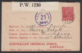 Australia 1918 1d Postal stationery envelope for use to A.I.F. Imperial Forces Abroad (H&G2), sent f