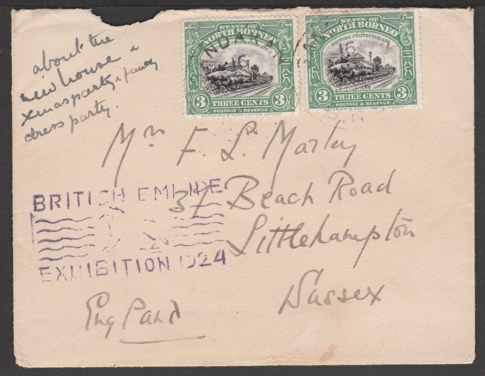 NORTH BORNEO 1924 . Cover (flap missing) to England bearing 3c (2) each cancelled by Sandakan