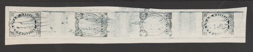 Sarawak 1895 Vertical strip of four roller proofs 4c, 2c, 2c, 4c, se tenant in blue-black.