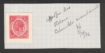 Saint Lucia 1936 11/2d Postal Stationery envelope die proof affixed to small piece, annotated "Apprd
