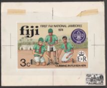Fiji 1974. Original artwork for First National Scout Jamboree 3c depicting Cubs preparing a fire, wi