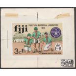 Fiji 1974. Original artwork for First National Scout Jamboree 3c depicting Cubs preparing a fire, wi