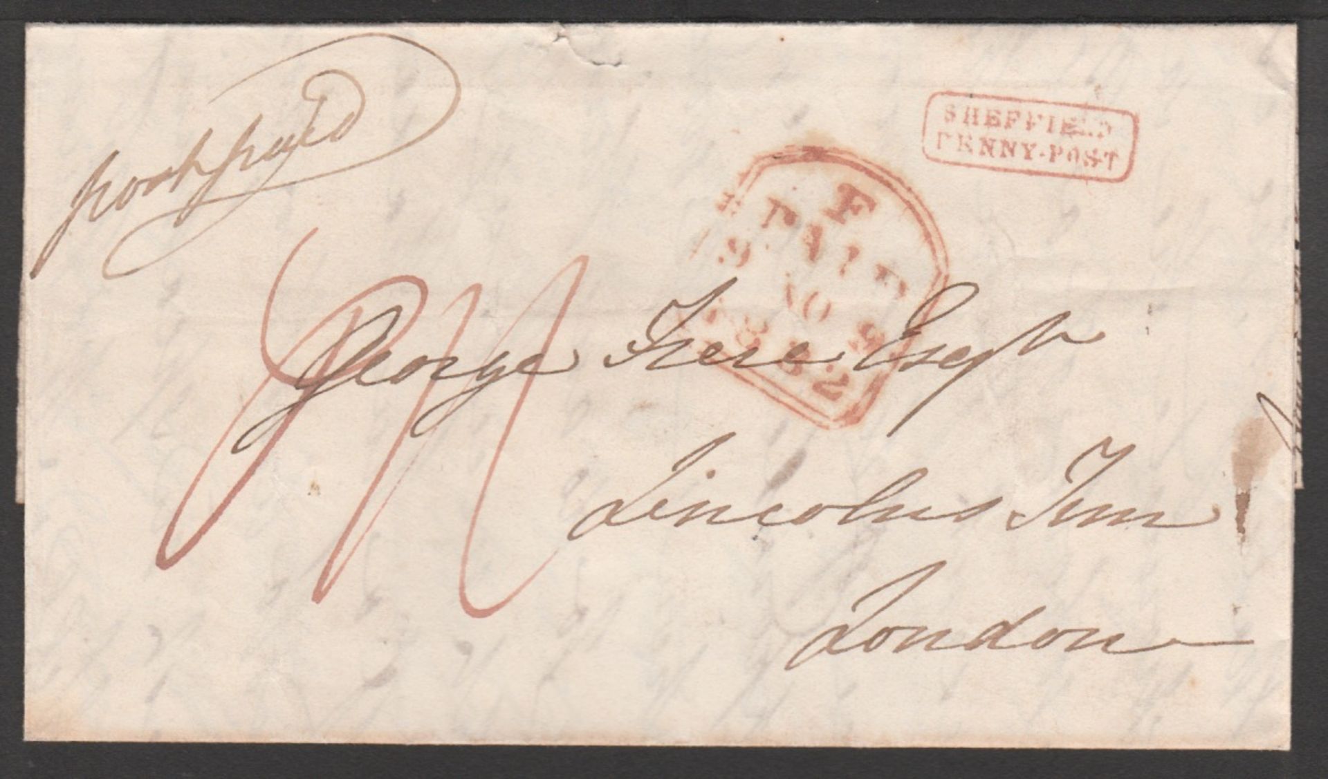 G.B. - Yorkshire 1832 Entire letter from Yorkshire to London with a fine strike of the uncommon tiny