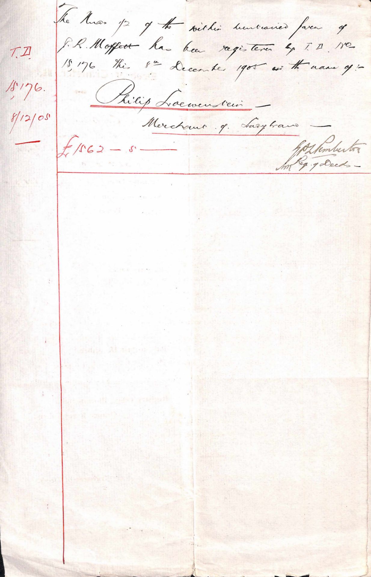 Orange Free State 1904 Transfer document dated 30th april 1904 with 7 x £2, 1 x 5 sh, 1 x 1s Revenue - Image 2 of 3