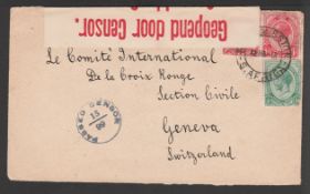 Basutoland 1918 Censored cover to the Red Cross in Geneva with South Africa 1d pair and 1/2d tied by