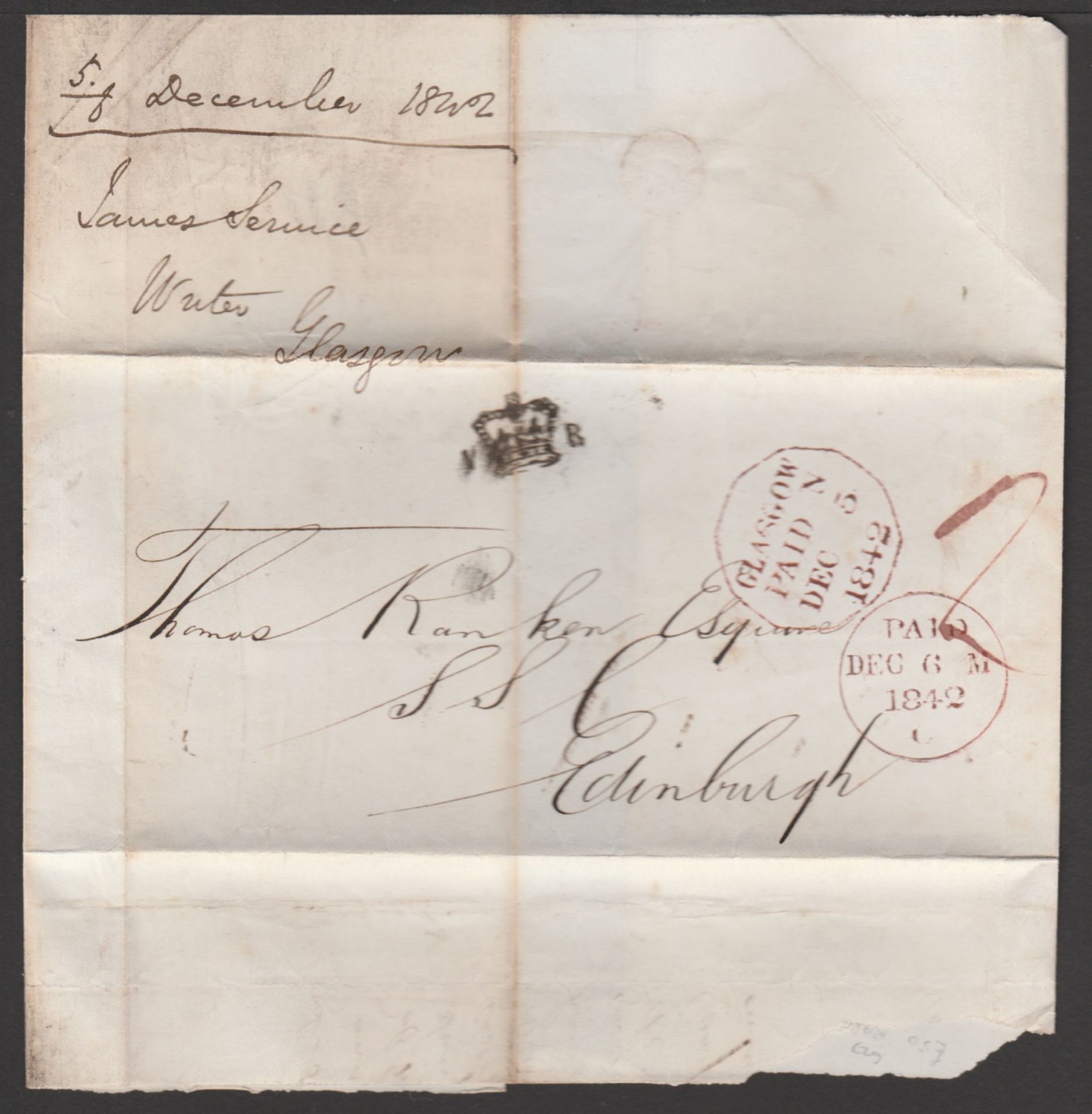 G.B. - Scotland 1842 Entire (vertical file fold) prepaid 2d from Glasgow to Edinburgh, with "V (Crow - Image 3 of 3