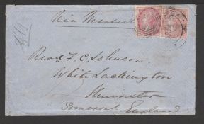 Sarawak 1862 Neat Blue Envelope to the Revd. F.C. Johnson in Somerset, franked by 1856-64 2a dull pi