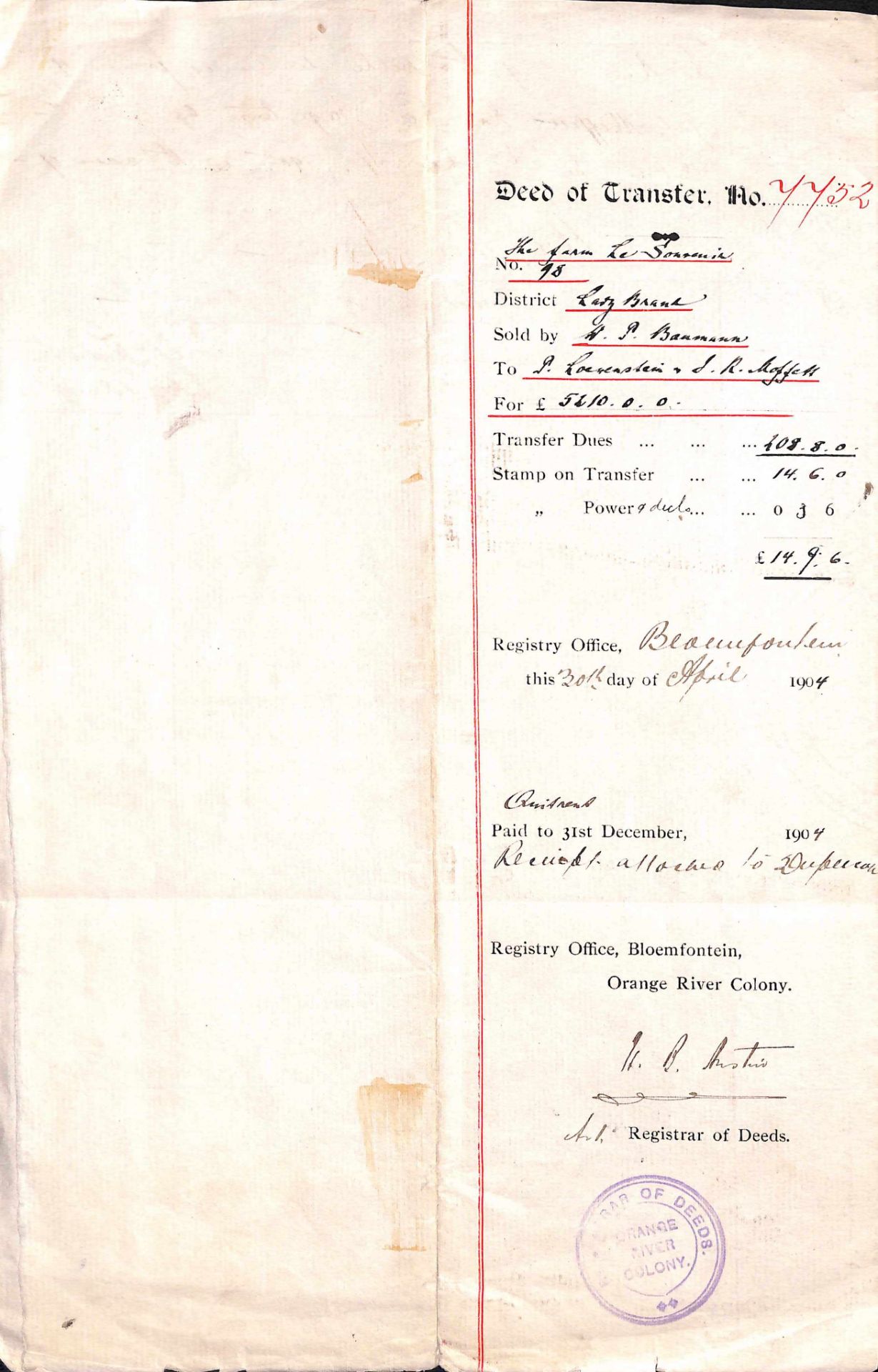 Orange Free State 1904 Transfer document dated 30th april 1904 with 7 x £2, 1 x 5 sh, 1 x 1s Revenue - Image 3 of 3