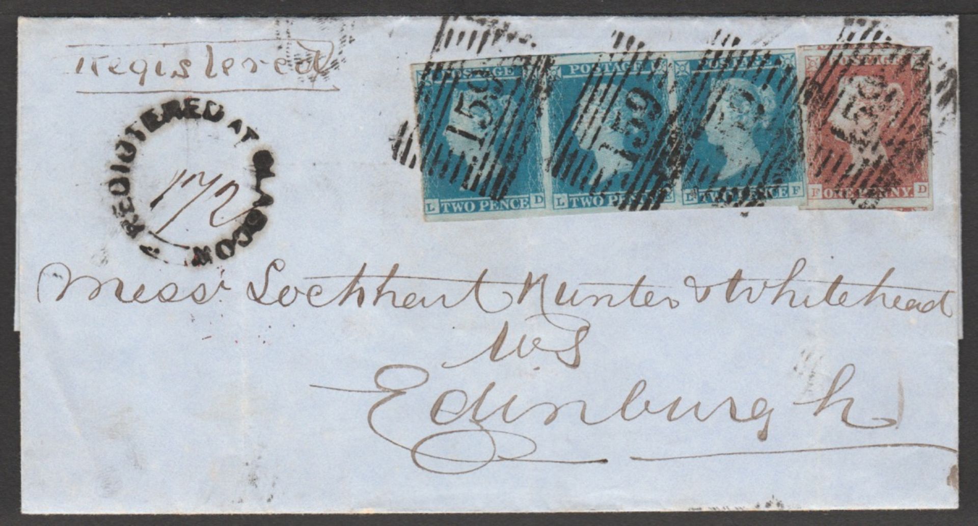 G.B. - Scotland/Registered 1850 Entire registered from Glasgow to Edinburgh franked by 1d red + 2d