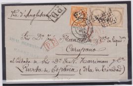 Trinidad 1874 Entire letter from Marseille to Venezuela franked 30c pair + 40c, directed via Harrima