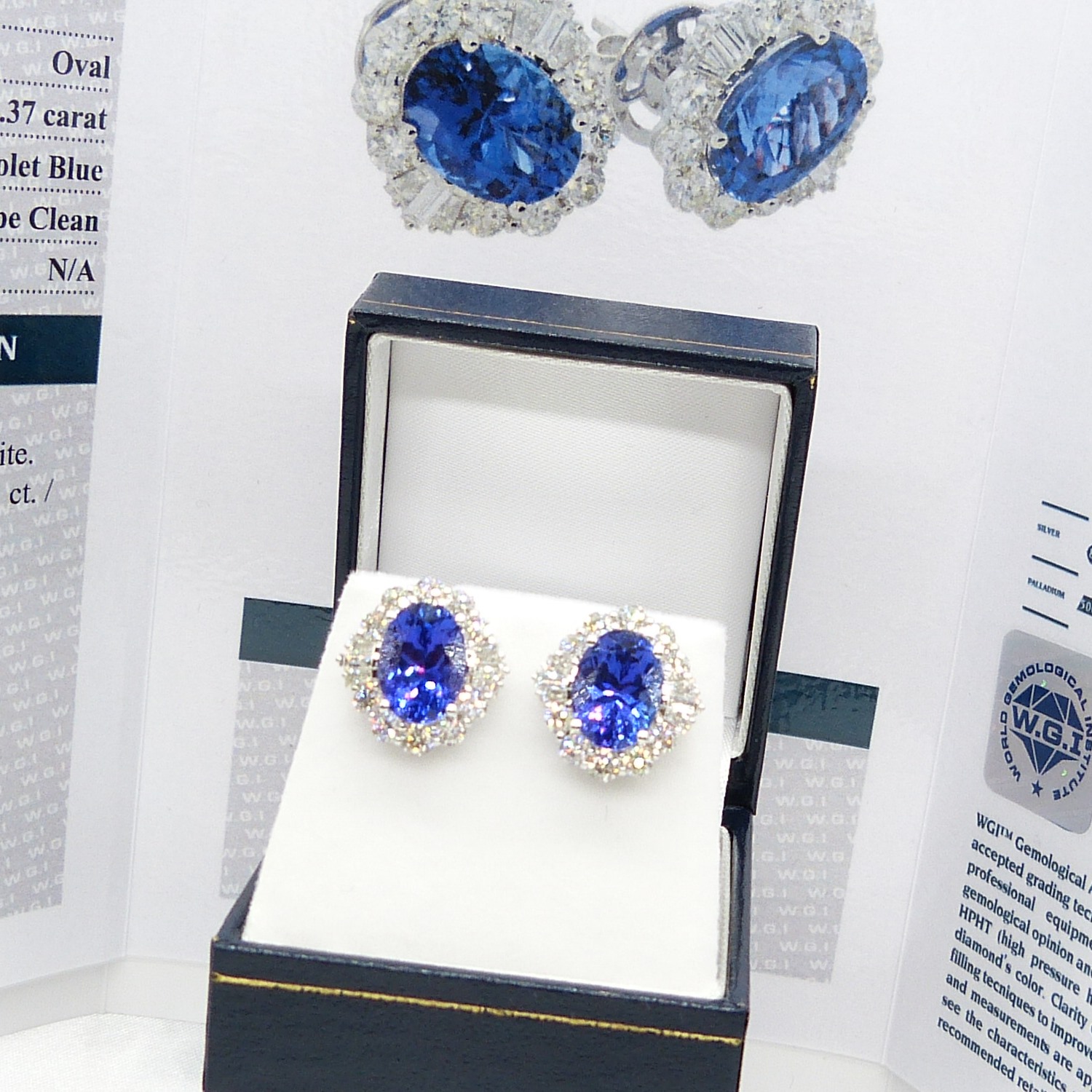 A large pair of loupe-clean tanzanite and diamond cluster earrings in 18ct white gold, certificated - Image 4 of 9