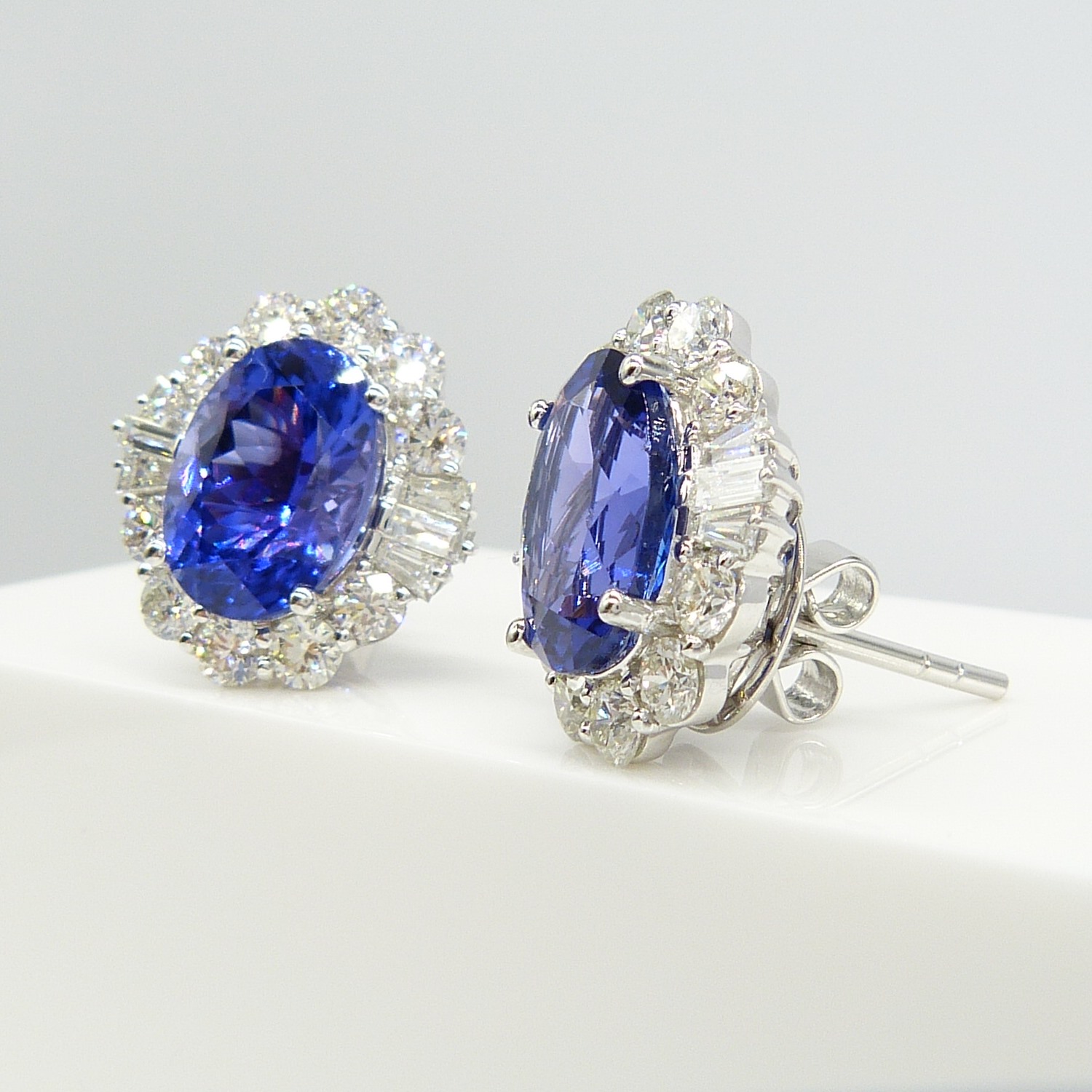 A large pair of loupe-clean tanzanite and diamond cluster earrings in 18ct white gold, certificated - Image 5 of 9