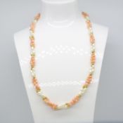 A pre-owned pink coral, pearl and 9ct yellow gold necklace