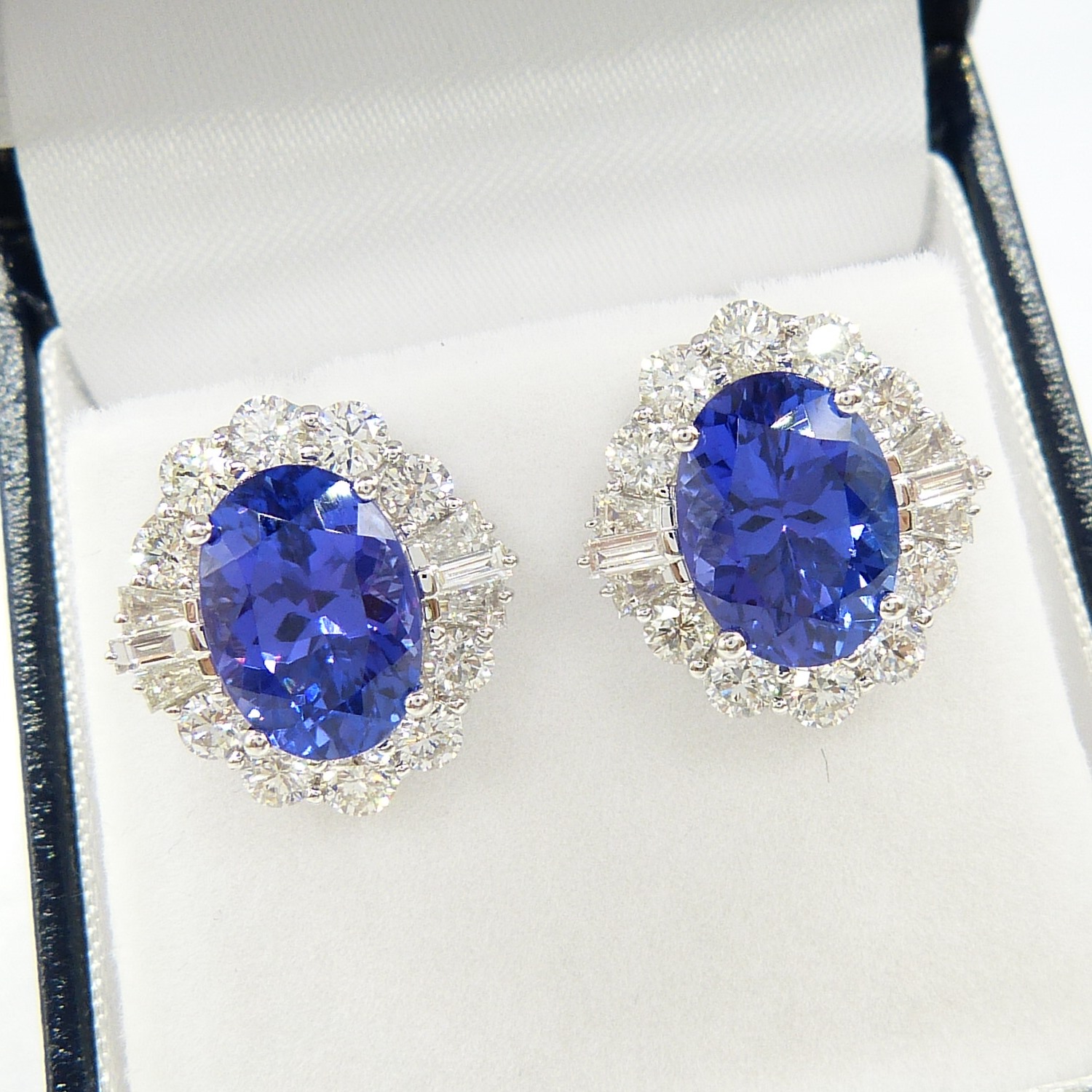 A large pair of loupe-clean tanzanite and diamond cluster earrings in 18ct white gold, certificated - Image 2 of 9