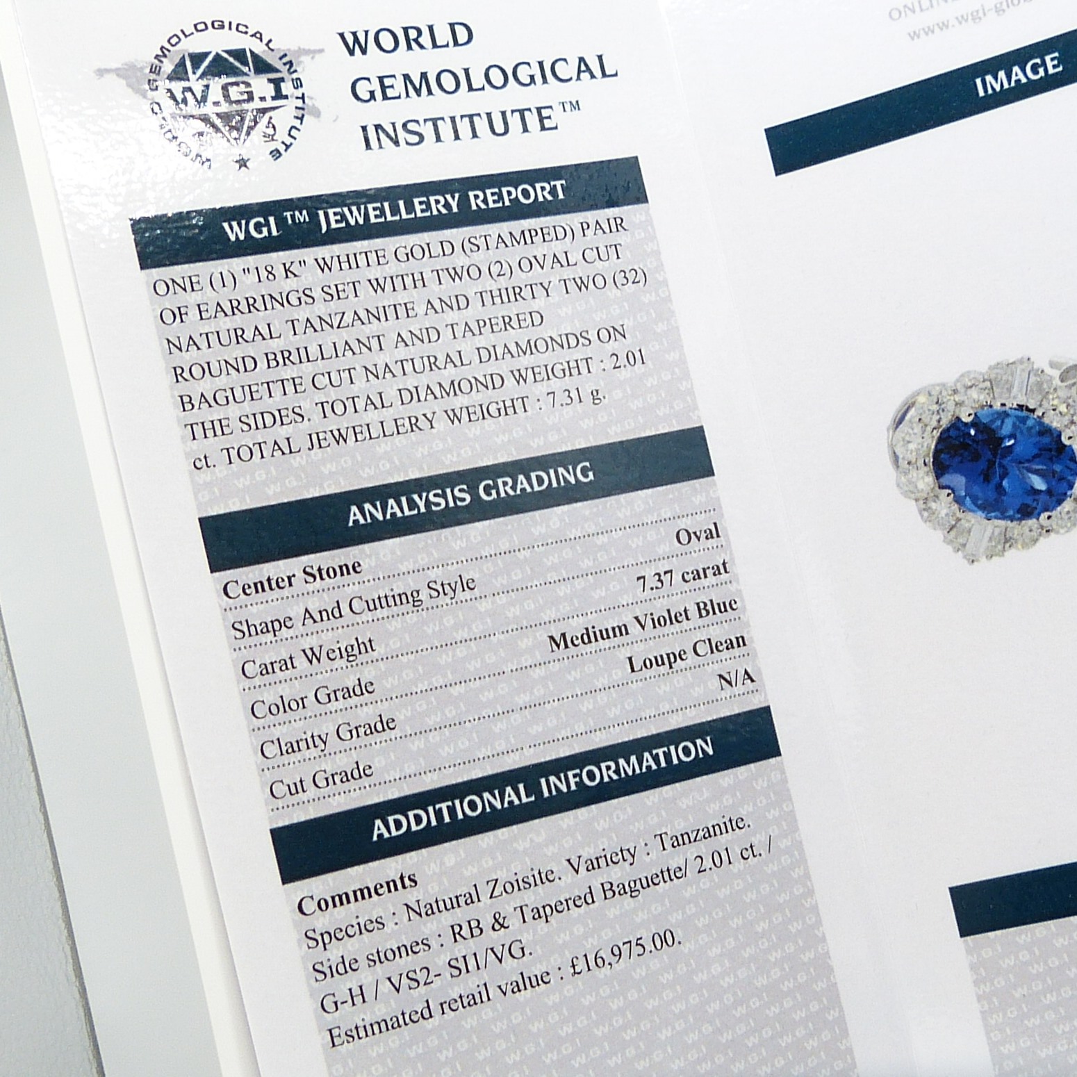 A large pair of loupe-clean tanzanite and diamond cluster earrings in 18ct white gold, certificated - Image 3 of 9